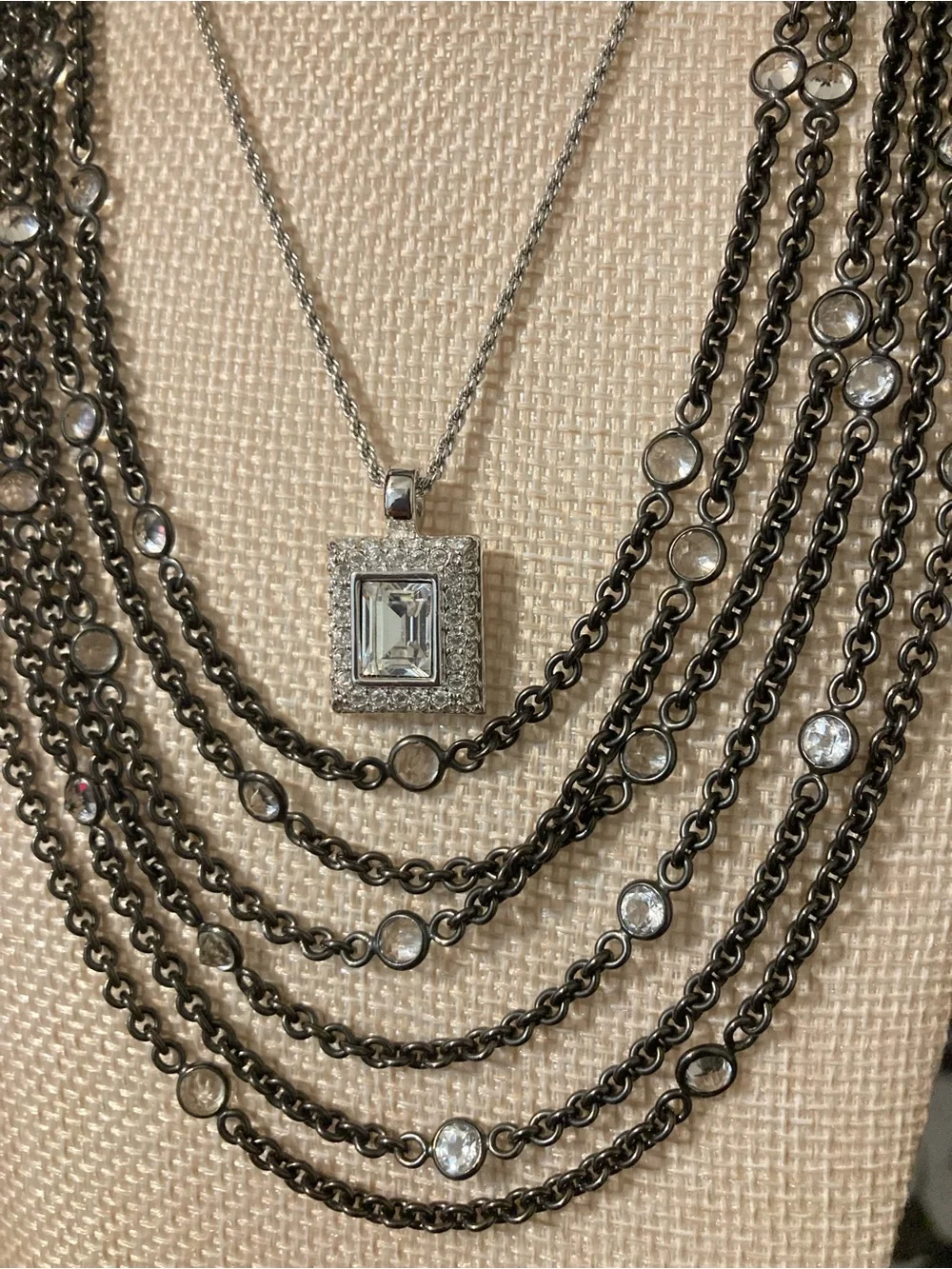 💗 SOLD💗 Emporio Armani Gunmetal Multi-Strand Necklace with Clear Crystals
